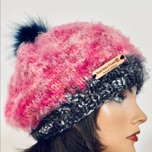 Hand Knits 2 Love Hat Beanie Slouch cap Ombre Berry Faux Fur Pom Pom Designer
